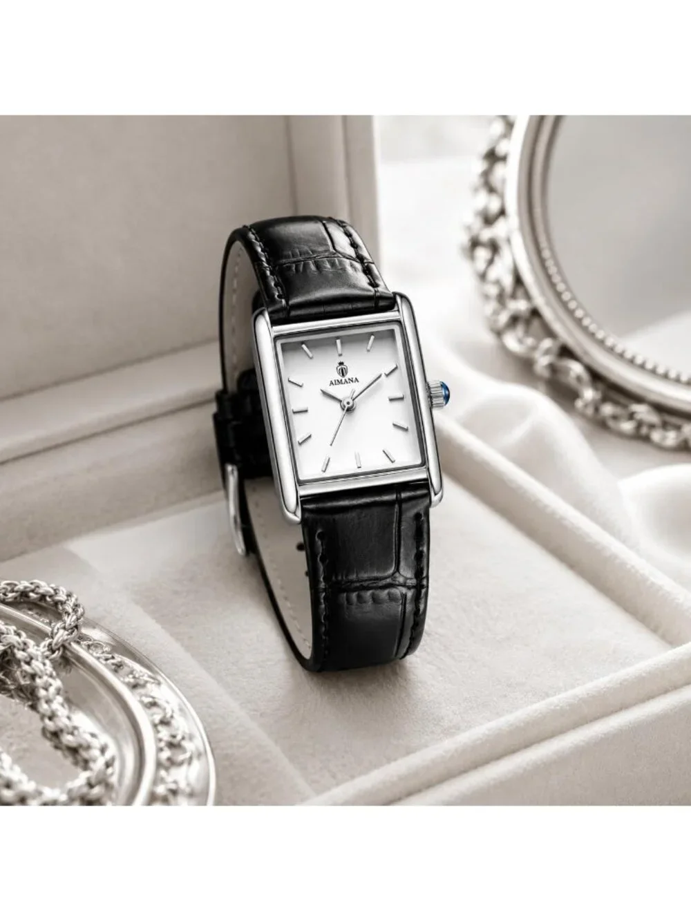 Women's Silver Case Black Rectangle Vintage Leather Strap  Quartz Movement Watch